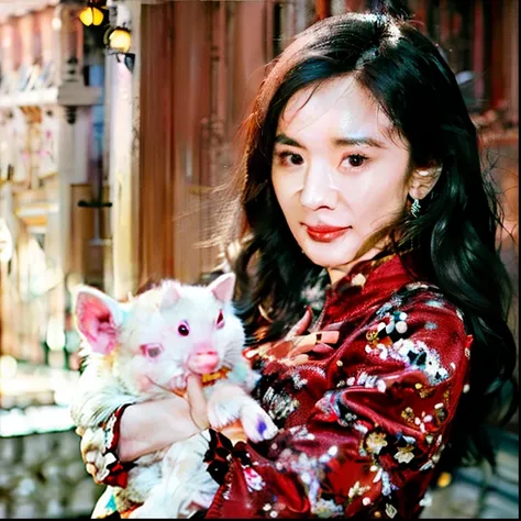 araffe woman in a red dress holding a white pig, li bingbing, by Shen Che-Tsai, lulu chen, sha xi, gemma chen, wenfei ye, yan, feng zhu |, wu liu, katherine lam, by Arthur Pan, fan bingbing, by Ju Lian, xue han, by Li Mei-shu, by Li Zai