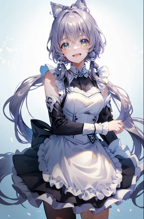 cat ear，a cat tail，the maid outfit，black and white dress，large apron，adolable，laughing joyfully，maid lace hairpin，lace edges