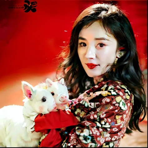 araffe woman in a red dress holding a white pig, li bingbing, by Shen Che-Tsai, lulu chen, sha xi, gemma chen, wenfei ye, yan, feng zhu |, wu liu, katherine lam, by Arthur Pan, fan bingbing, by Ju Lian, xue han, by Li Mei-shu, by Li Zai