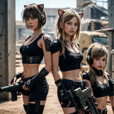 two 13 year old girls with blonde hair and heavy weapons in the castle, , make background ruins, post apocalyptic scene, cyberpu...