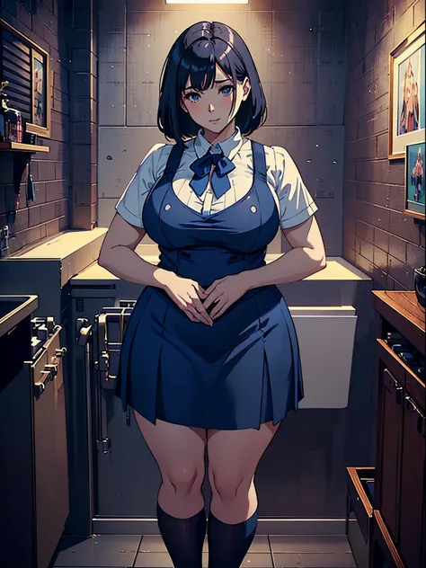 Woman wearing blue suspender skirt posing for photo, Full-figured，In the bathroom，[ 4K realism ]!!, [ 4K realism ]!!!, [ 4K digital art ]!!, Realistic shadow perfect body, realisticlying!!!!!!!art-style， photorealistic anime， by Shitao， Popular topics on c...