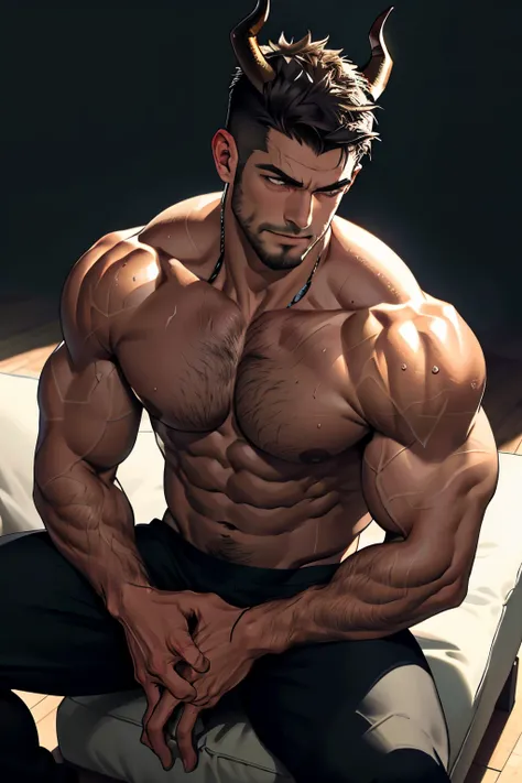 best quality, masterpiece, expressionless, ultra high res, detailed background, realistic, male, muscular, mature male, short hair, facial hair, sitting, money, sofa, real shadow and light, depth of field, chest, biceps, pecs, abdominals, tall, sexy demon,...