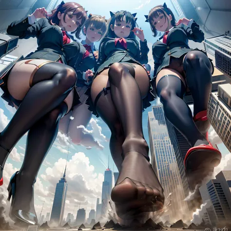 multiple girls, giantess art, a hyperrealistic schoolgirl, , highly detailed giantess shot, der riese, Shorthair, black pantyhose, Giant high school girl bigger than a skyscraper。wearing rimless glasses。huge tit。Navy blue blazer、Red tie、Mini Length Skirt、b...