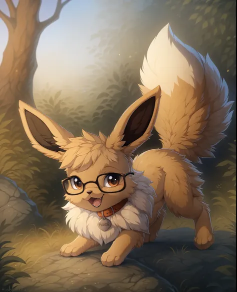 [by hioshiru],furry, feral, pokemon, long fluffy hair, glasses, eevee,  happy, canine paws, paws for hands, short height, shorts...