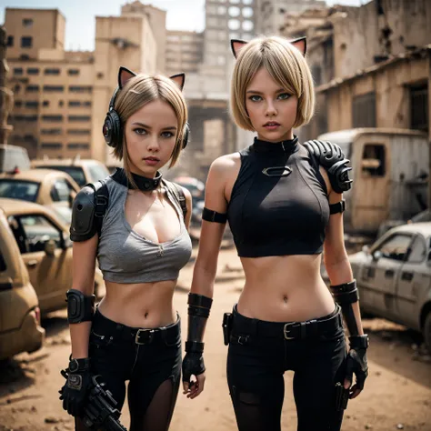 two 13 year old girls with blonde hair and heavy weapons in the castle, , make background ruins, post apocalyptic scene, cyberpunk helmets next to them, wearing Cat ears, hand guns on side, ripped clothes reveal part of breast, very short tops show bottom ...