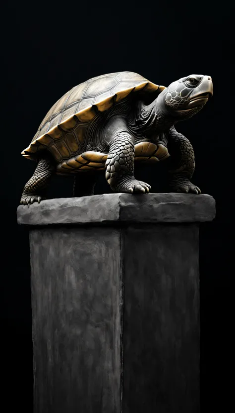 A tall turtle with its head raised，Huge ancient Chinese Huabiao Pillar，lightand shade contrast，（Black and White Ultra HD Photography,） Majesty，a gorgeous， Wet with, Sateen, light contrast light， ultra-realistic realism,with black background, big breasts be...