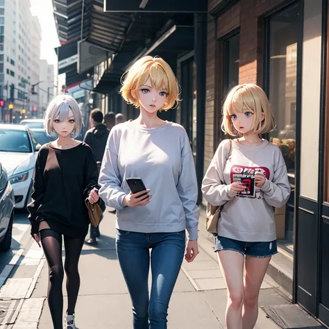 2D Anime Style、Blue eyes、breasts are slightly larger、A cool adult woman with short blonde hair and a troubled expression.............、wearing a sweatshirt setup,Hold your smartphone in your left hand,Walking around the city alone,