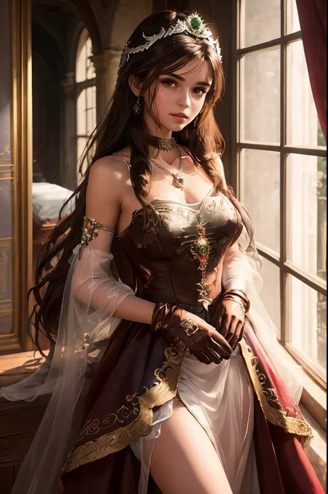 high level of detail, best quality, masterpiece, 1girl, garnet-smf, jewelry, solo, necklace, dress, long hair, tiara, breasts, brown eyes, gloves, brown hair, elbow gloves, cleavage, bare shoulders, medium breasts, white dress, strapless, wedding dress, wh...