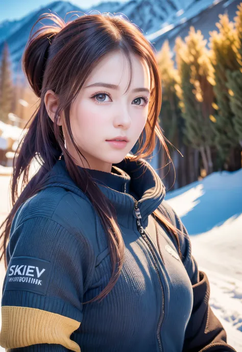 8K, of the highest quality, masutepiece:1.2), (Realistic, Photorealsitic:1.37), of the highest quality, masutepiece, Beautiful young woman, Pensive expression,、A charming、and an inviting look, skiing、snowboarder、Ski Wear, Hair tied back, Cinematic backgrou...