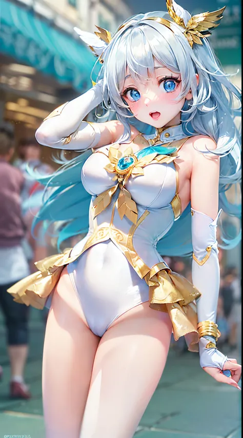 1womanl,Golden head hair,12year old ,((Impatient expression)),Beautiful breasts,(((Sexy magical girl white and blue high-leg bodysuit)))(())(((Blushing cheeks、Surprised look)),((())),((( portlate))),Blue eyes,(((Bangs are aligned)))()Street,Crowds(magical ...