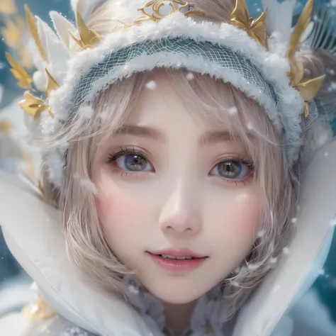 Sakura Miyawaki , Looking up and smiling、natural make up、Glossy lips、Snow Fairy、Snow Girl、Snow Costume、Cosplay、(realisitic、hight resolution)、(1 girl in)、Snow Girl、Do-Up Eye、Sakura Miyawaki, girl with、(Best Quality), (masutepiece), (1girl in), Solo, a beaut...