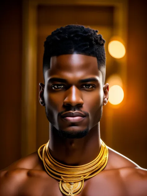 Handsome Black man, coffee color skin with greenish hue, unbelievably handsome , honey eyes, hyper realistic  facial details, golden ratio beauty, defined clothing ,haute couture style clothing, short light brown hair, shaved at temples, hd crisp, cannon 6...