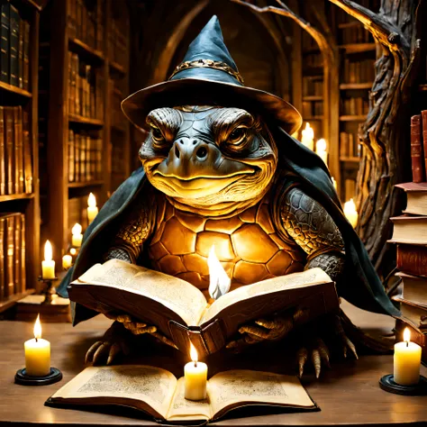 39. A wise old turtle wizard in a library carved from a large tree，Reading an ancient book by candlelight. Tolkien-esque magical atmosphere.