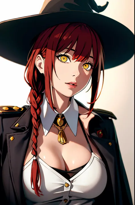 , Medium tits, masterpiece, (photorealistic:1.4), best quality, beautiful lighting, big witch hat, cleavage, admiral long coat, shoulder badge, (ulzzang-6500:0.5), makima (chainsaw man), (red hair)+(single long braided hair)+(bangs), yellow eyes, golden ey...