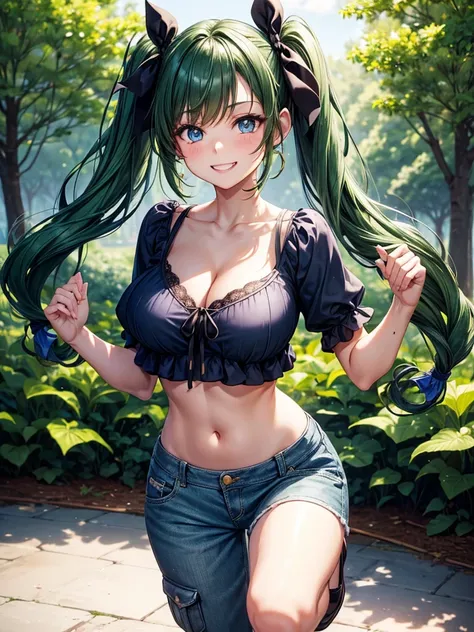 1girl, solo, full body, summer, village, trees, ((dark green hair)), curly hair, twintail, large breasts, ((blue top)), cleavage, dark blue eyes, pants, shoe, grin, looking at the viewer, hair ribbon, hair clip, necklate, ear rings