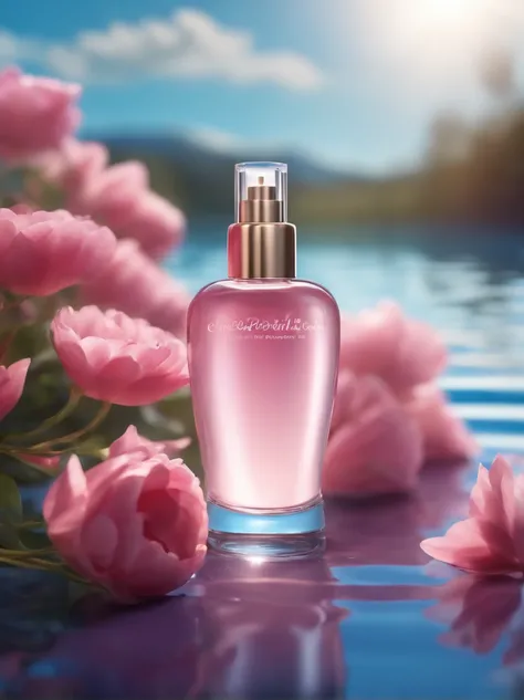 Super realistic scene, makeup bottle, surrounded by pink flowers wrapped around, blue sky background, water, sunlight, low perspective, blender, product rendering, HD 8K。 --v