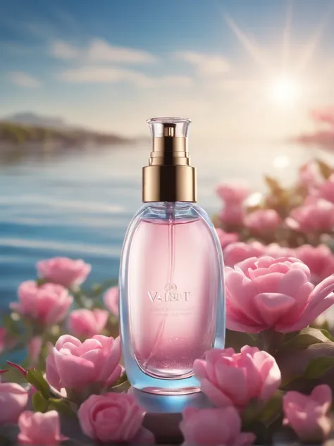 Super realistic scene, makeup bottle, surrounded by pink flowers wrapped around, blue sky background, water, sunlight, low perspective, blender, product rendering, HD 8K。 --v