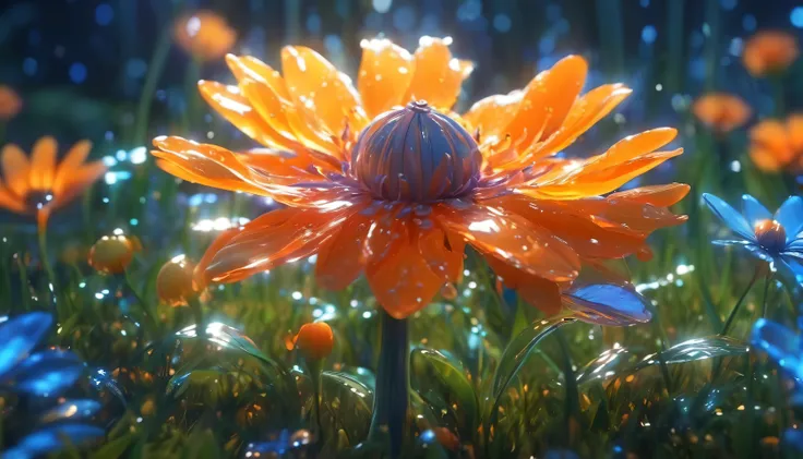 a wet orange in the form of a flower,a tangerine flower,a flower in the form of a tangerine, a blue glow emanates from it to the cut of the petals,gradient petals from orange to transparent, among other types of flowers, grows in the forest,a magical fairy...