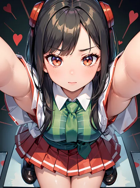 Product quality, [1 Sweet Japanese Gal], (((close up shot of a face,:1.5))), ((Camera work taken from above:1.2)), ((Plaid red pleated skirt:1.5, Green tie:1.5)), (Private School Uniforms), (A dark-haired, half up), Heart pupil, hyper pretty face, ((Wet fa...