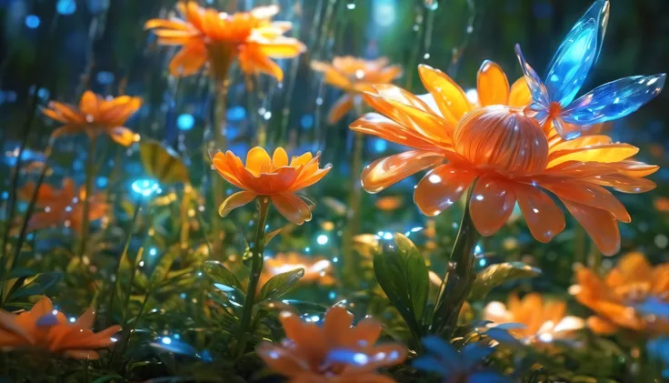 a wet orange in the form of a flower,a tangerine flower,a flower in the form of a tangerine, a blue glow emanates from it to the cut of the petals,gradient petals from orange to transparent, among other types of flowers, grows in the forest,a magical fairy...