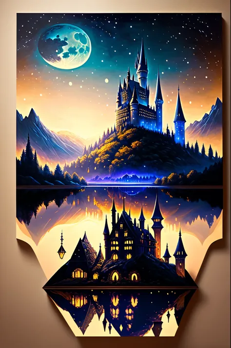 A masterpiece, a castle poster with a full moon in the background, viewed from a cave, with a solid black background above and below. Close shots with lakes, reflections, detailed paintings inspired by gaston bussiere, shutterstock, fantasy art, magic ligh...