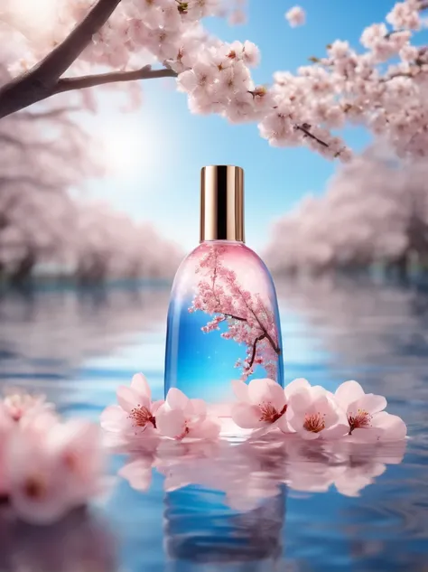 Super realistic scene, makeup bottle, surrounded by cherry blossom wrapped around, blue sky background, water, sunlight, low perspective, blender, product rendering, HD 8K