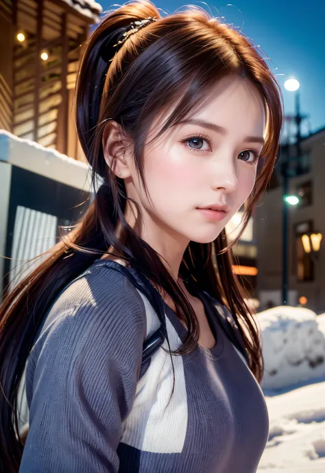 8K, of the highest quality, masutepiece:1.2), (Realistic, Photorealsitic:1.37), of the highest quality, masutepiece, Beautiful young woman, Pensive expression,、A charming、and an inviting look, skiing、snowboarder、Ski Wear, Hair tied back, Cinematic backgrou...