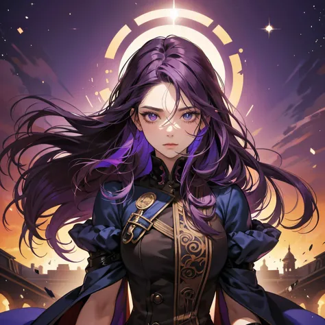 Mulher de pelo dark purple, dark purple, olhos azuis, Illustrations, alta qualidade, ultra-detalhado, vivid colors, retrato, tons de cores quentes, soft lighting, Long flowing dark purple hair, intense expression, roupa curta, steampunk