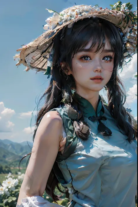 《genshin impact》hu tao, white backgrounid, leisure wear, Casual T-shirt, Cute pose, large grassland, Beautiful girl wearing sun hat on the grassland, large clouds, blue-sky, lucca, at a forest, hillside, secluded, tourist attraction, high definition detail...