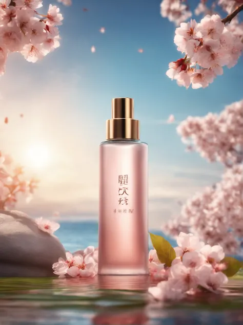 Super realistic scene, makeup bottle, surrounded by cherry blossom wrapped around, blue sky background, water, sunlight, low perspective, blender, product rendering, HD 8K