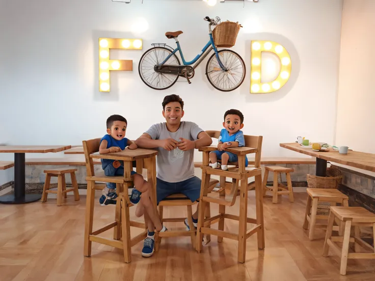 Dad with his kids beside him sitting on a chair with a good background