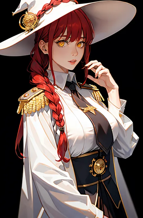 , Medium tits, masterpiece, (photorealistic:1.4), best quality, beautiful lighting, large witch hat, admiral long coat, shoulder badge, (ulzzang-6500:0.5), makima (chainsaw man), (red hair)+(single long braided hair)+(bangs), yellow eyes, golden eyes, ((ri...