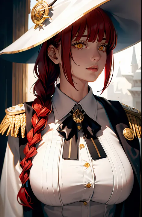 , Medium tits, masterpiece, (photorealistic:1.4), best quality, beautiful lighting, large witch hat, admiral long coat, shoulder badge, (ulzzang-6500:0.5), makima (chainsaw man), (red hair)+(single long braided hair)+(bangs), yellow eyes, golden eyes, ((ri...