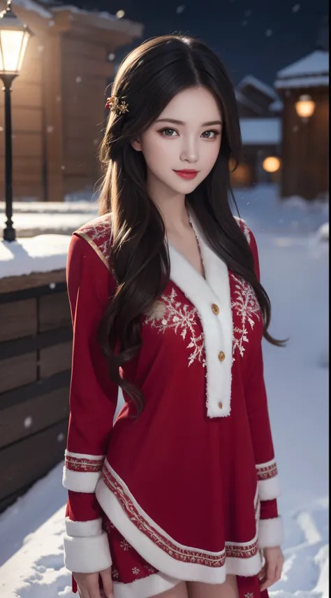 (Aesthetic, High Resolution: 1.2), full-body portrait of a beautiful 20-year-old woman wearing an intricately detailed red boby Santa Claus costume, symmetrical costume structure, bright clear eyes, happy smile, changing hairstyle, falling snow, snow in ha...