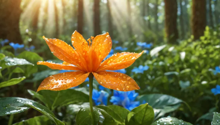 a wet orange in the form of a flower,a tangerine flower,a flower in the form of a tangerine, a blue glow emanates from it to the cut of the petals,gradient petals from orange to transparent, among other types of flowers, grows in the forest,a magical fairy...