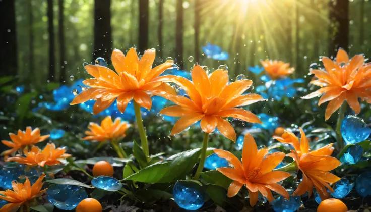 a wet orange in the form of a flower,a tangerine flower,a flower in the form of a tangerine, a blue glow emanates from it to the cut of the petals,gradient petals from orange to transparent, among other types of flowers, grows in the forest,a magical fairy...