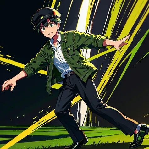 A boy wearing a black plaid shirt with a green jacket, with a black hat, black trousers, green trouser straps, green shoes,