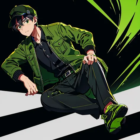 A boy wearing a black plaid shirt with a green jacket, with a black hat, black trousers, green trouser straps, green shoes,