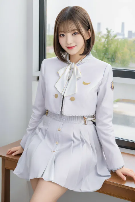 tmasterpiece,(actual), High detail CG unified 8K wallpaper, (Head office skin:1.2),8k ultra high definition, SLR camera, high high quality, ((1 plump girl, 25 age old, a skirt, ssmile, Sit near the classroom window, Medium and short hair, indoor)), 黑The ey...