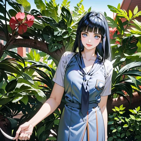 anime coloring, hinata hyuga, masterpiece, best quality, high quality, (intricate detailed 1.21, 1girl, solo, outdoors, happy face, smile), blunt bangs, pure eyes, long hair, dark blue hair, blunt bangs, medium breast, looking at viewer, from front, (weari...