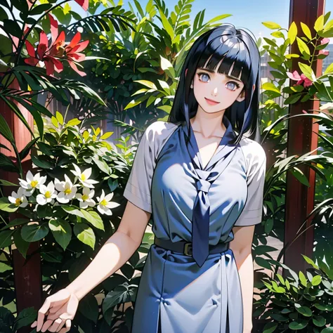 anime coloring, hinata hyuga, masterpiece, best quality, high quality, (intricate detailed 1.21, 1girl, solo, outdoors, happy face, smile), blunt bangs, pure eyes, long hair, dark blue hair, blunt bangs, medium breast, looking at viewer, from front, (weari...