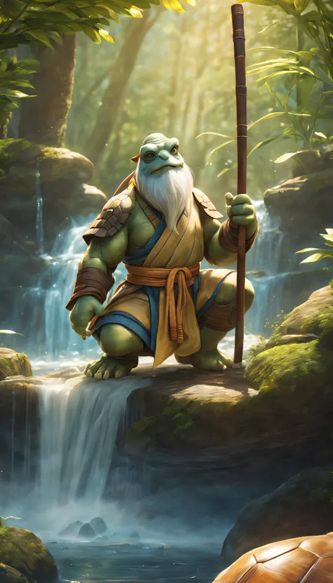 Anthropomorphism of the turtle，Long white beard，Wrinkled face，with a calm expression，Under the waterfall，In the moonlight，Ancient temple，Bonsai tree，bamboo forrest，Flowing rivers，(traditional martial arts uniform)，(Wooden staff)，surrounded by nature，harmon...