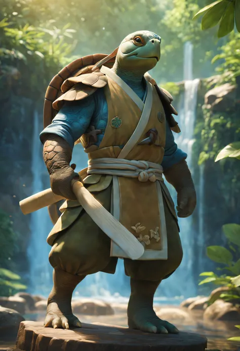 Anthropomorphism of the turtle，white mustache，with a calm expression，Under the waterfall，In the moonlight，scenery tree，bamboo forrest，Flowing rivers，(traditional martial arts uniform)，(Wooden staff)，surrounded by nature，harmonious balance，peacefulatmospher...