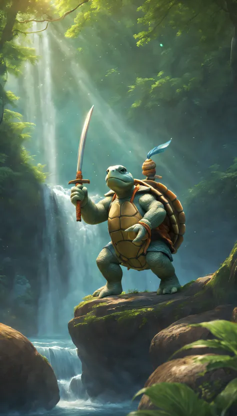 Anthropomorphism of the turtle，white mustache，with a calm expression，Under the waterfall，In the moonlight，scenery tree，bamboo forrest，Flowing rivers，(traditional martial arts uniform)，(Wooden staff)，surrounded by nature，harmonious balance，peacefulatmospher...