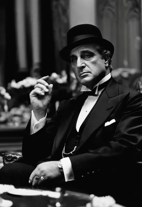 A black and white photo of Don Vito Corleone sitting at a table with a group of men and women, all wearing elegant attire,The Godfather,Don Vito Corleone has a distinctive and memorable appearance that adds to his powerful presence.
1. Bald Head: Don Vito ...