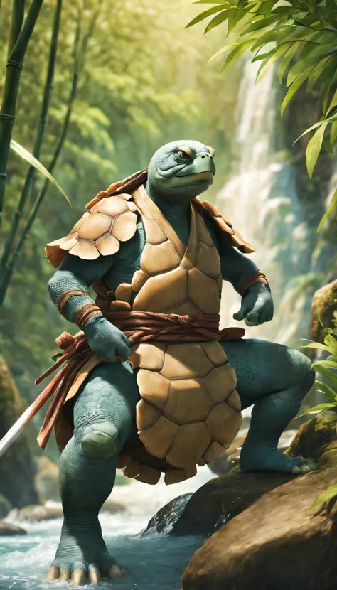 Anthropomorphism of the turtle，samurais，with a calm expression，Under the waterfall，bamboo forrest，Flowing rivers，(traditional martial arts uniform)，knifes，surrounded by nature，harmonious balance，peacefulatmosphere，Wise eyes、weathered hands、Powerful energy、...