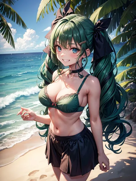 1girl, solo, full body, summer, sea, ((dark green hair)), curly hair, twintail, large breasts, topless, bra in hand, dark blue eyes, grin, looking at the viewer, hair ribbon, hair clip, necklate, ear rings