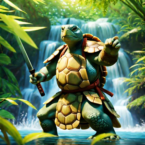 Anthropomorphism of the turtle，samurais，with a calm expression，Under the waterfall，bamboo forrest，Flowing rivers，(traditional martial arts uniform)，knifes，surrounded by nature，harmonious balance，peacefulatmosphere，Wise eyes、weathered hands、Powerful energy、...