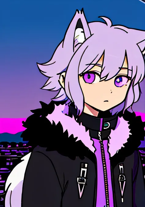 human boy ,(wolf boy,purple eyes),(white and purplew hair),hair length abof neck below ers,(purple,ears,tail),(red,black,clothes),(fur collar jacket),(dog collier),detailed eyes,hair is stil,no landscape,high contrast colors,Live2D art