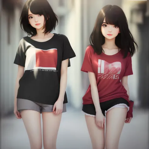 Make a girl with short black hair ,brown eyes , a oversized withe t-shirt , black shorts and red warm legs